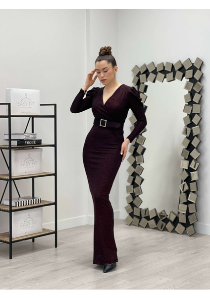 Kruvaze Yaka Kemer Detaylı Elbise - Bordo