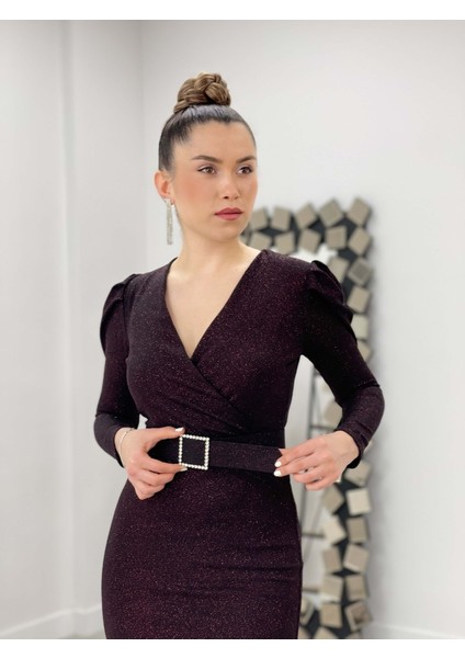 Kruvaze Yaka Kemer Detaylı Elbise - Bordo modelleri