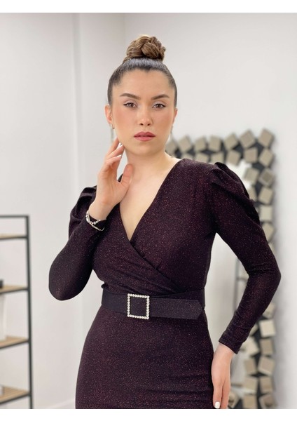 Kruvaze Yaka Kemer Detaylı Elbise - Bordo fırsatları