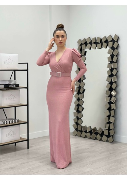 Kruvaze Yaka Kemer Detaylı Elbise - Pudra