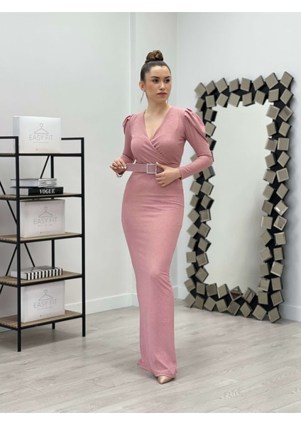 Kruvaze Yaka Kemer Detaylı Elbise - Pudra fiyatları