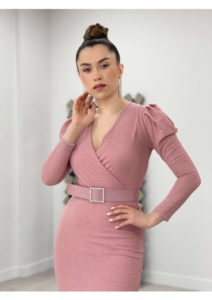 Kruvaze Yaka Kemer Detaylı Elbise - Pudra modelleri
