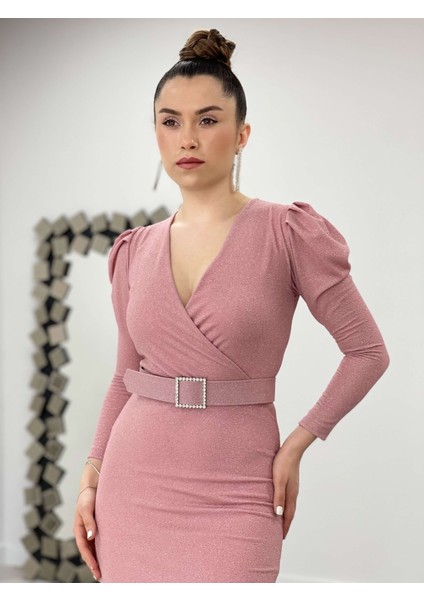 Kruvaze Yaka Kemer Detaylı Elbise - Pudra fırsatları