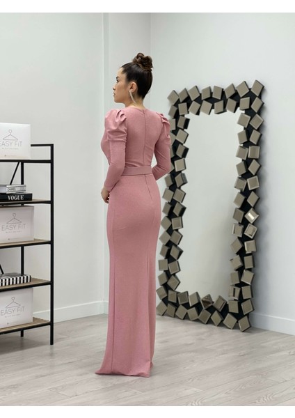 Kruvaze Yaka Kemer Detaylı Elbise - Pudra indirimleri