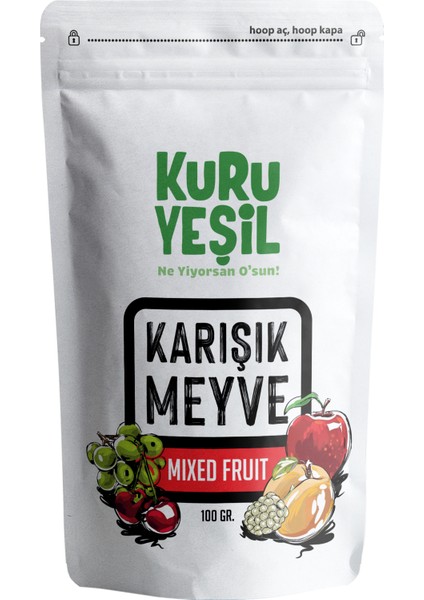 Kuru Yeşil Dried Fruit, Karışık Meyve Kurusu, Dried Fig, Dried Apricot, Apple,cherry,mulberry, 100gr