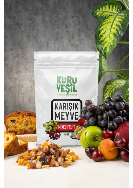 Kuru Yeşil Dried Fruit, Karışık Meyve Kurusu, Dried Fig, Dried Apricot, Apple,cherry,mulberry, 100gr