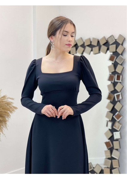 Krep Kumaş Kare Yaka Midi Elbise - Siyah