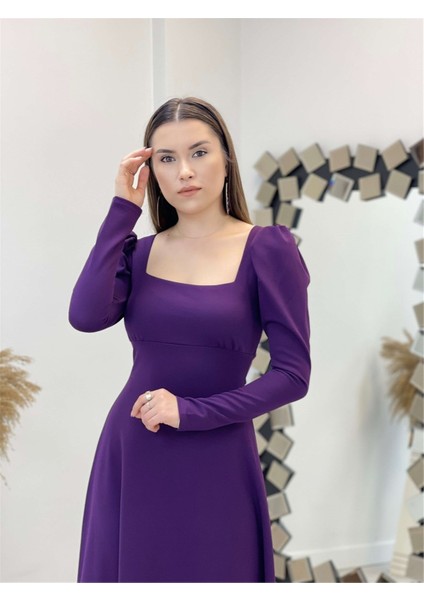 Krep Kumaş Kare Yaka Midi Elbise - Patlıcan Mor