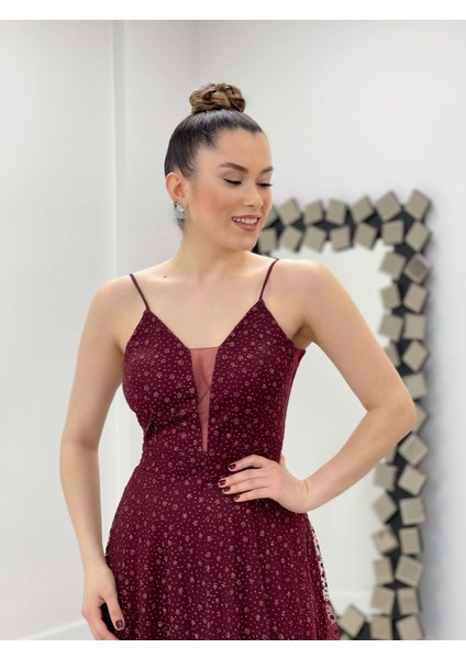 Çiçek Sim Baskılı Midi Elbise - Bordo