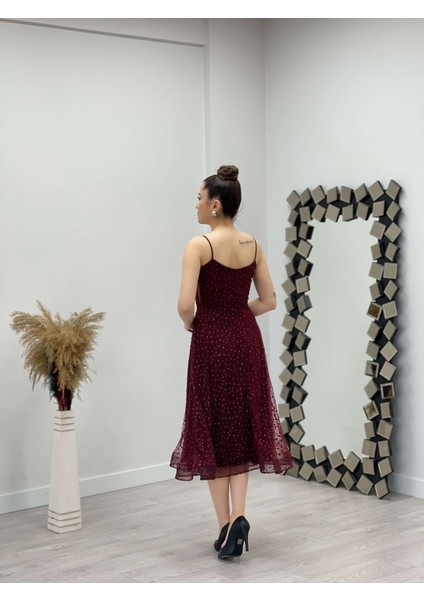 Çiçek Sim Baskılı Midi Elbise - Bordo