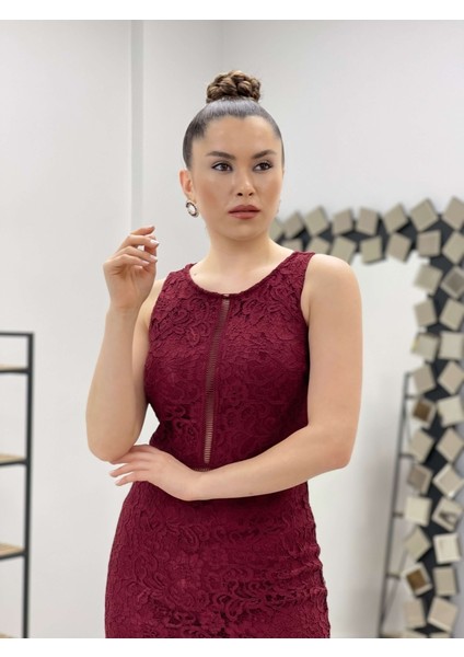 Dantel Kumaş Beli Motifli Elbise - Bordo fırsatları