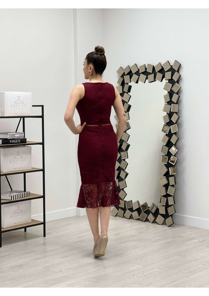 Dantel Kumaş Beli Motifli Elbise - Bordo indirimleri
