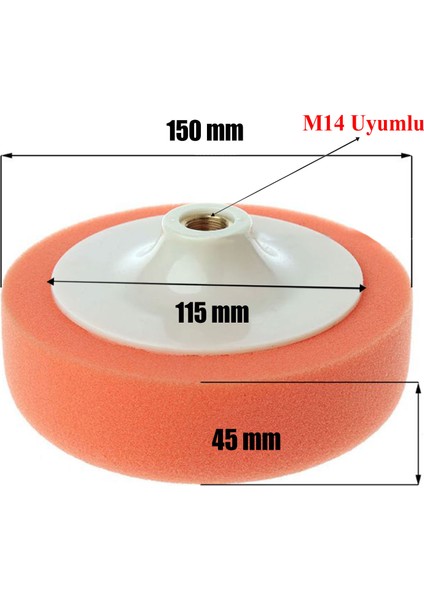 Oto Araç Araba Polisaj Süngeri Turuncu Oto Pasta Cila Parlatma Pedi 150 Mm M14 Uyumlu