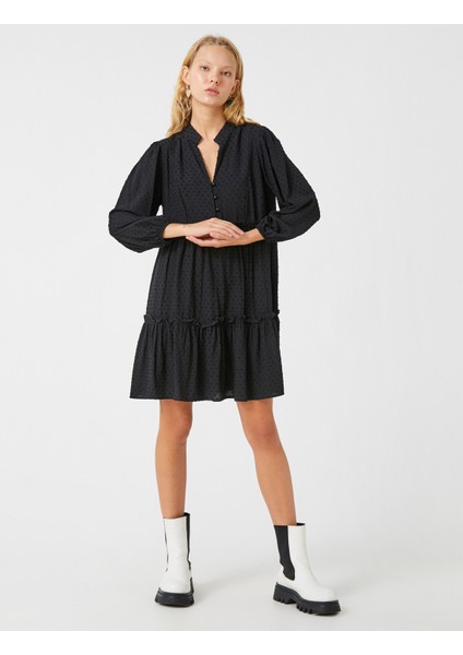 Balon Kollu Elbise Fırfırlı Dokulu