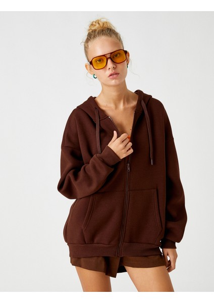 Oversize Fermuarlı Sweatshirt Kapüşonlu