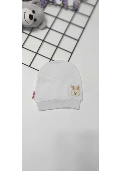 Küçük Tavşan Işlemeli Unisex Bebek Penye Bere Beyaz 0-6 Ay