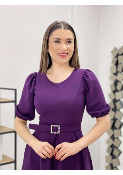 Krep Kumaş Kemer Detaylı Elbise - Patlıcan Mor fırsatları