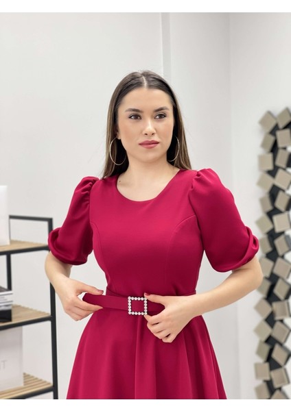 Krep Kumaş Kemer Detaylı Elbise - Bordo