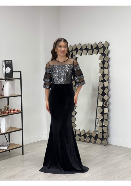 Üst Payet Alt Kadife Abiye Elbise - Gümüş