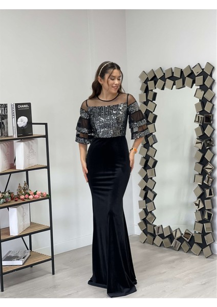 Üst Payet Alt Kadife Abiye Elbise - Gümüş fiyatları