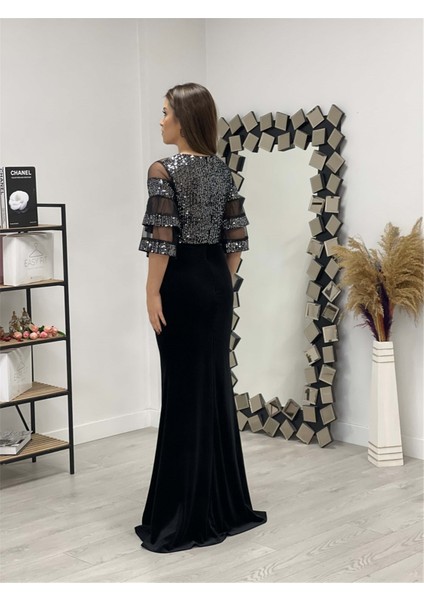 Üst Payet Alt Kadife Abiye Elbise - Gümüş indirimleri