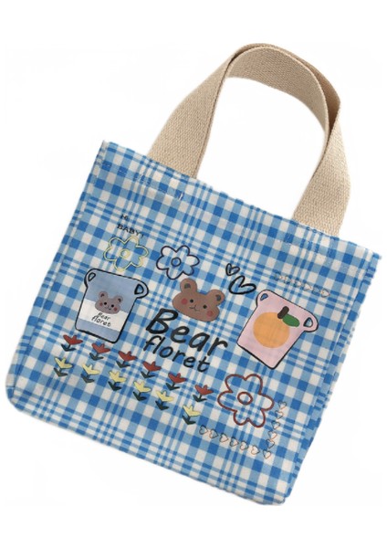 Taşınabilir Öğle Yemeği Çantası Kore Ekose Tote Piknik Gıda Baskı Desen Kadın Küçük Tote Sevimli Çocuk Kutusu (Mavi) (Yurt Dışından)