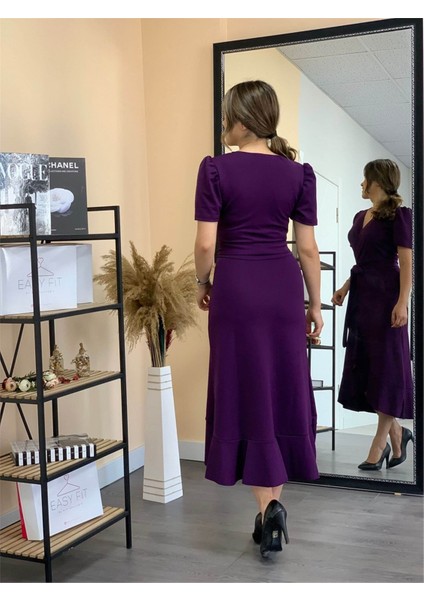 Crep Kumaş Midi Elbise - Patlıcan Moru