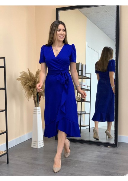 Crep Kumaş Midi Elbise - Saks Mavisi