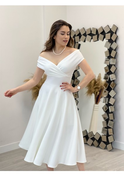 Kayık Yaka Midi Elbise - Beyaz fiyatları