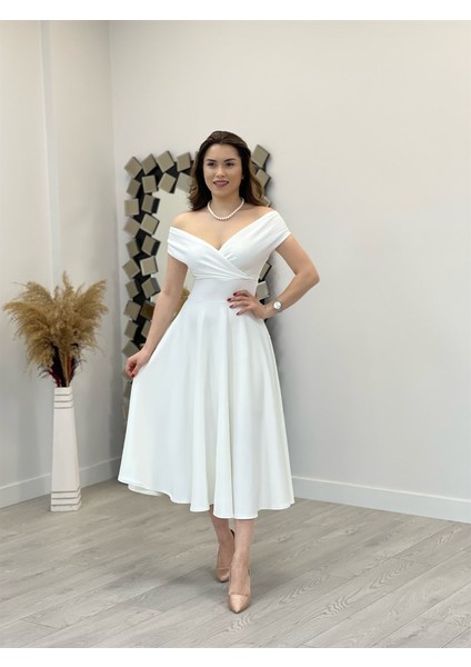 Kayık Yaka Midi Elbise - Beyaz modelleri