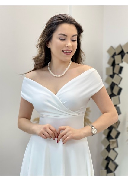 Kayık Yaka Midi Elbise - Beyaz fırsatları