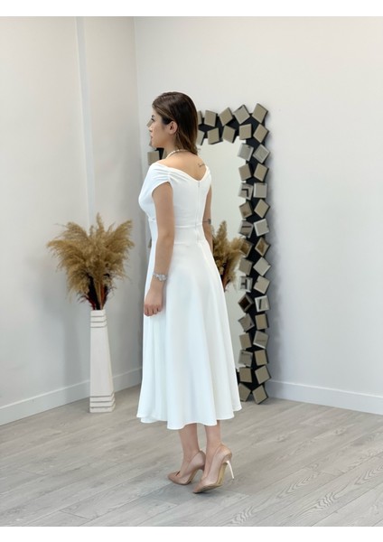 Kayık Yaka Midi Elbise - Beyaz indirimleri
