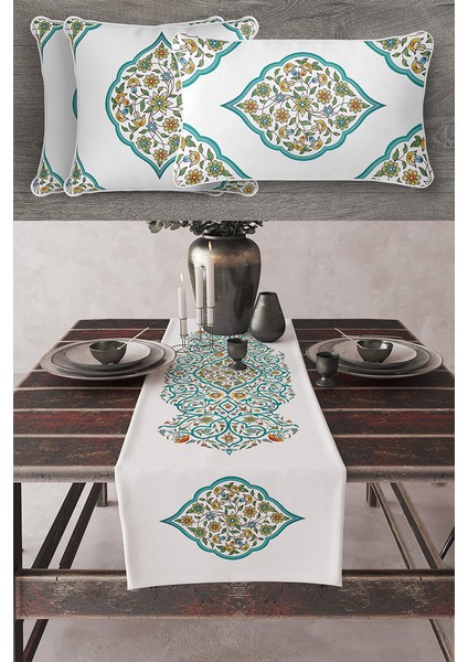 Kırlent Osmanlı, Anadolu Desenli Çift Tarafı Baskılı Kalın Biyeli Kırlent ve Runner Set 4'lü