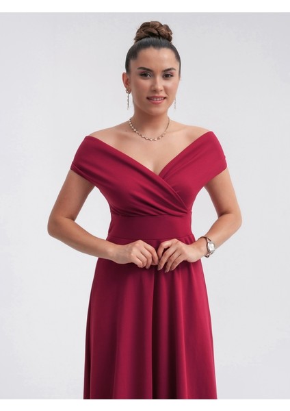 Kayık Yaka Kiloş Elbise - Bordo