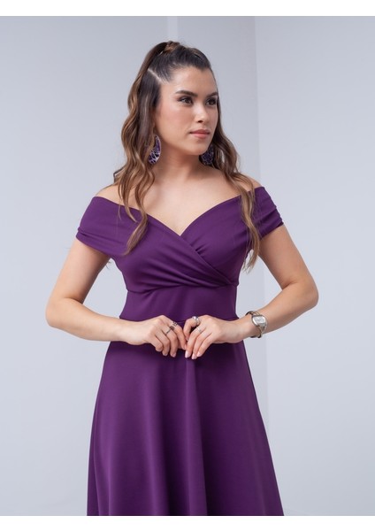 Kayık Yaka Kiloş Elbise - Patlıcan Mor modelleri