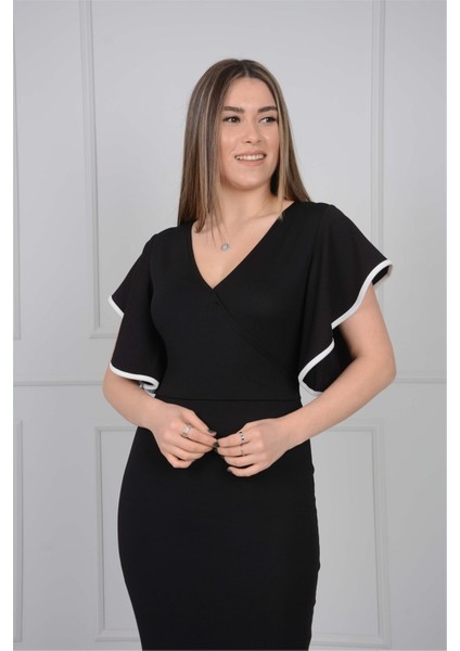 Crep Kumaş Volanlı Elbise - Siyah