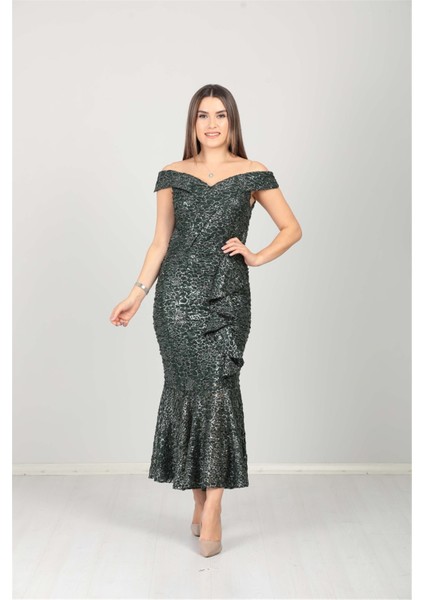 Kayık Yaka Eteği Volanlı Fırfır Detaylı Payet Elbise - Zümrüt fırsatları