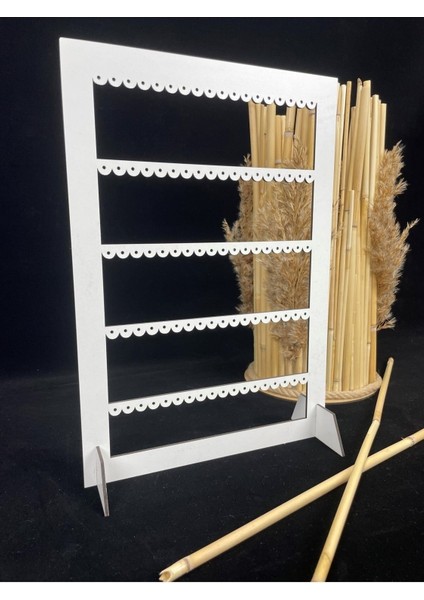 Dekoratif Takı Küpe Standı Dikdörtgen Lazer Kesim Ahşap Mdf Beyaz