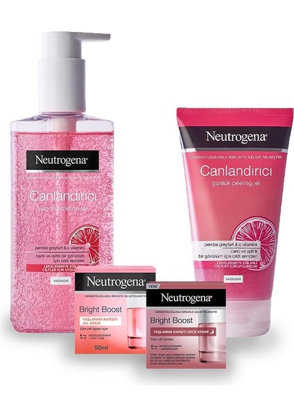 Bright Boost Gece Kremi ve Jel Krem, Pembe Greyfurt Peeling ve Yüz Yıkama Jeli