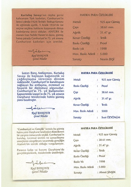 1998 Cumhuriyet ve Kadin, Lozan,gençlik Hatıra Parası Set