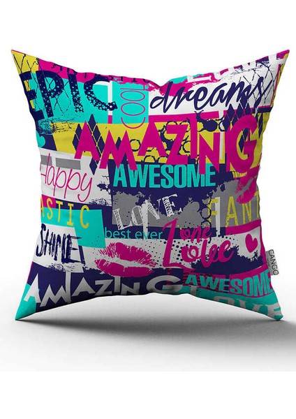 Çift Taraflı Beyaz Çok Renkli Yazılı Modern Dijital Baskı Kırlent Yastık Kılıfı - CGH455-CT