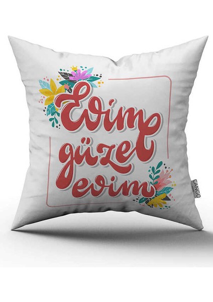 Çift Taraflı Beyaz Kırmızı Evim Güzel Evim Yazılı Dijital Baskı Kırlent Yastık Kılıfı - CGH458-CT