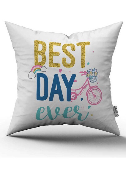 Çift Taraflı Beyaz Mavi Best Day Ever Dijital Baskı Kırlent Yastık Kılıfı - CGH456-CT