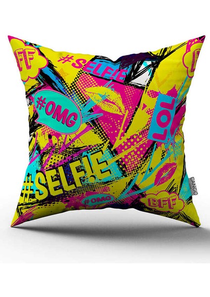 Çift Taraflı Siyah Çok Renkli Popart Tarz Modern Dijital Baskı Kırlent Yastık Kılıfı - CGH442-CT