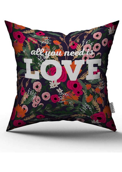 Çift Taraflı Siyaz Çiçekli Love Yazılı Dijital Baskı Kırlent Yastık Kılıfı - CGH466-CT