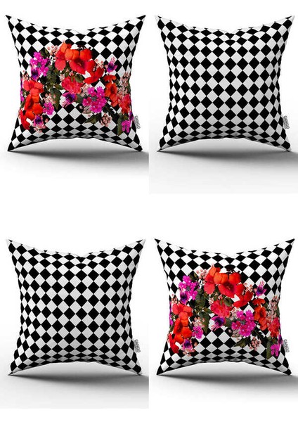 Siyah Beyaz Kareli Çiçek Desenli 4lü Dijital Baskılı Kırlent Kılıfı Seti - 4KMBS271