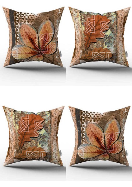 Kahverengi Turuncu Yaprak Desenli 4lü Dijital Baskılı Kırlent Kılıfı Seti - 4KMBS253