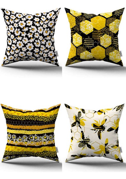 Sarı Siyah Arı Papatya Desenli 4lü Dijital Baskılı Kırlent Kılıfı Seti - 4KMBS288