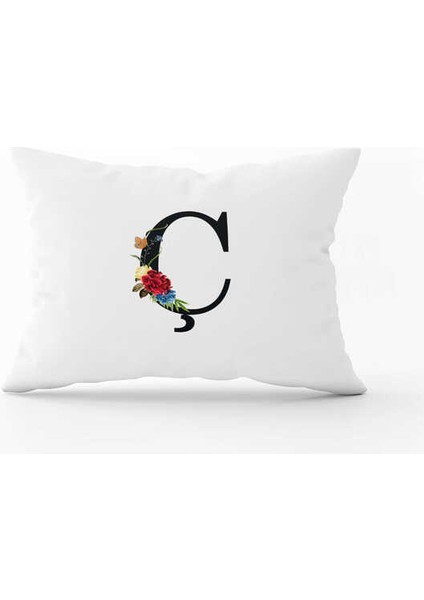 Kırmızı Çiçekli Siyah Harfli Çift Tarafı Dijital Baskılı Kırlent KILIFI-HRF03-CC-3550