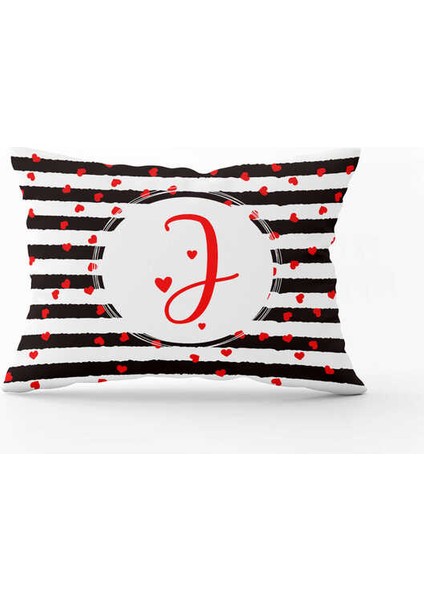 Siyah Beyaz Çizgili Kırmızı Kalp Desenli Çift Tarafı Dijital Baskılı Kırlent KILIFI-HRF07-J-3550